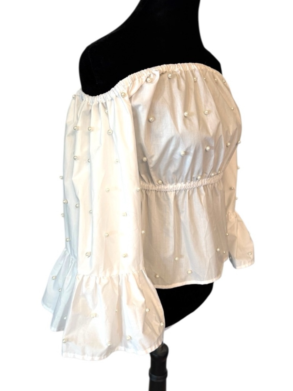 White Pearl Accent Off The Shoulder Top - Picture 7 of 9